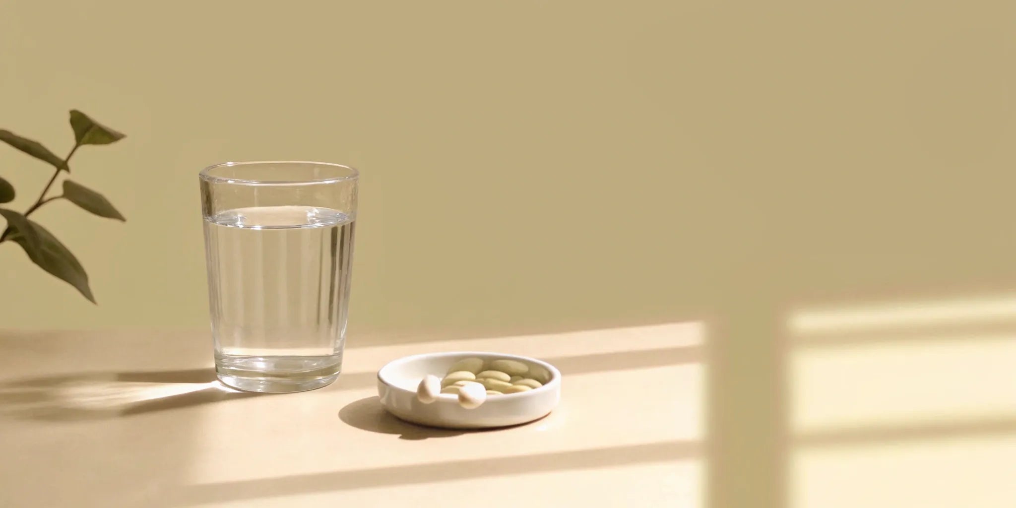 The best anti-bloating pills next to a glass of water on a table.