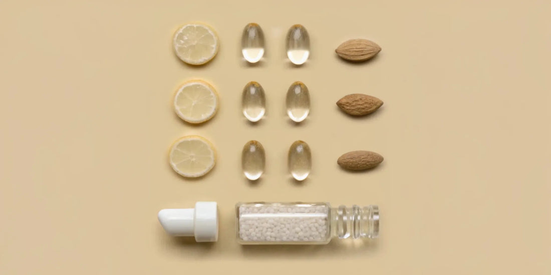 Best vitamins for mental health and energy shown with almonds, lemon, and supplement capsules.