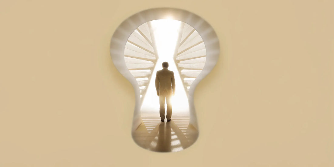 Person at the end of a keyhole staircase, finding the mental clarity benefits of gut health.
