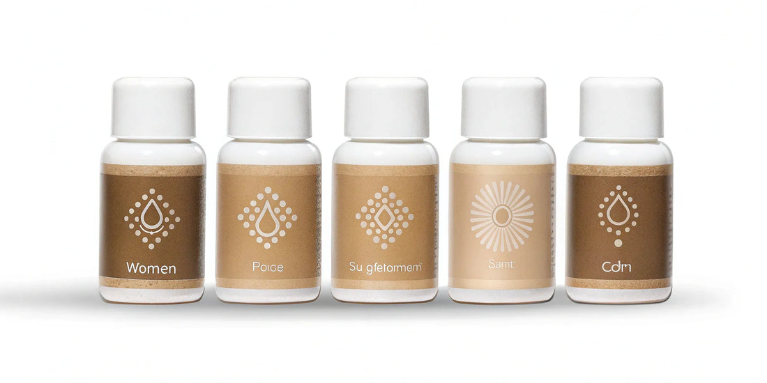 Five bottles of mood boosting supplements for women's clarity and calm.