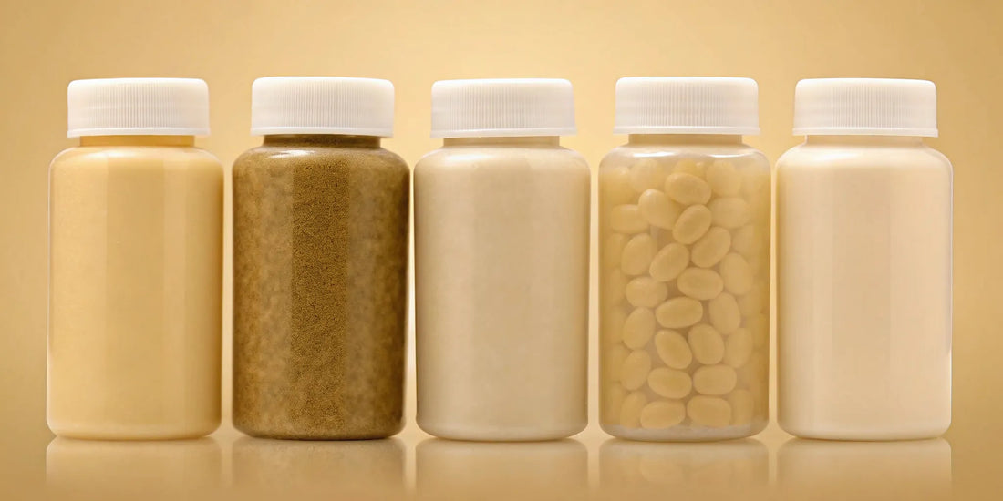 Bottles of natural supplements for gut health and digestive support.