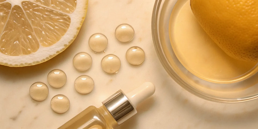 Supplements to boost the immune system, including vitamin C from a lemon, capsules, and a dropper bottle.