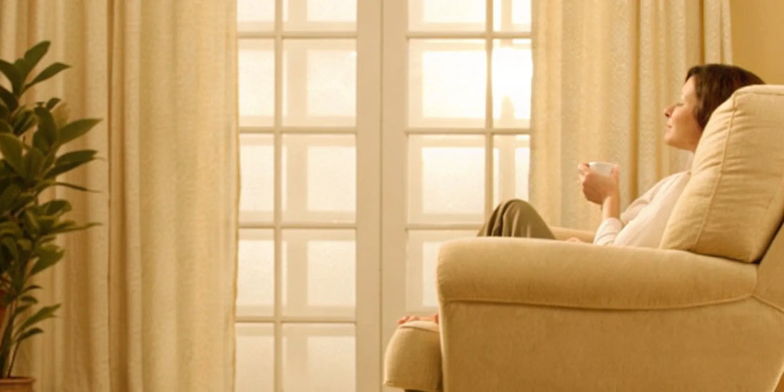 A woman feeling calm and relaxed on her sofa, finding balance with mood supplements for women.