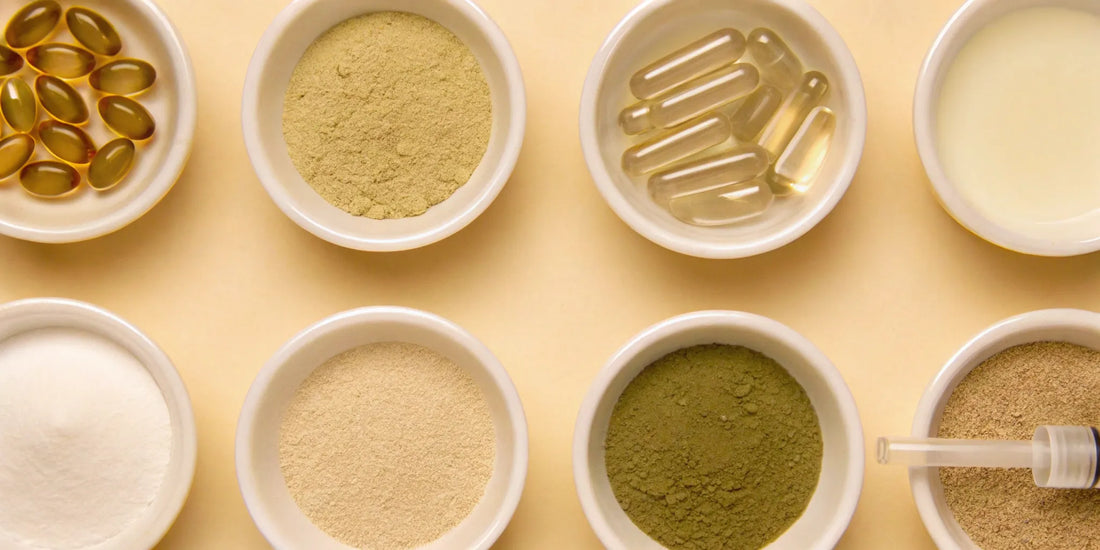 Various supplements for good digestive health like powders and capsules in small bowls.