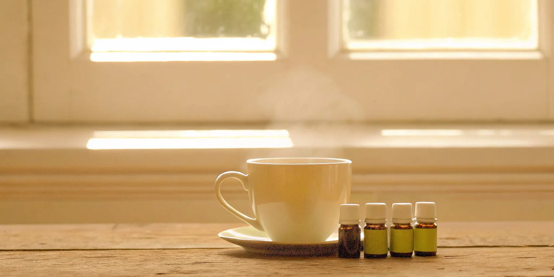 Supplements for memory and brain fog next to a cup of tea.
