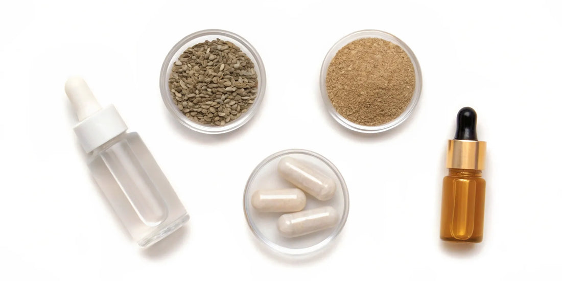 Various top mood enhancing supplements, including capsules, powders, and liquid droppers.