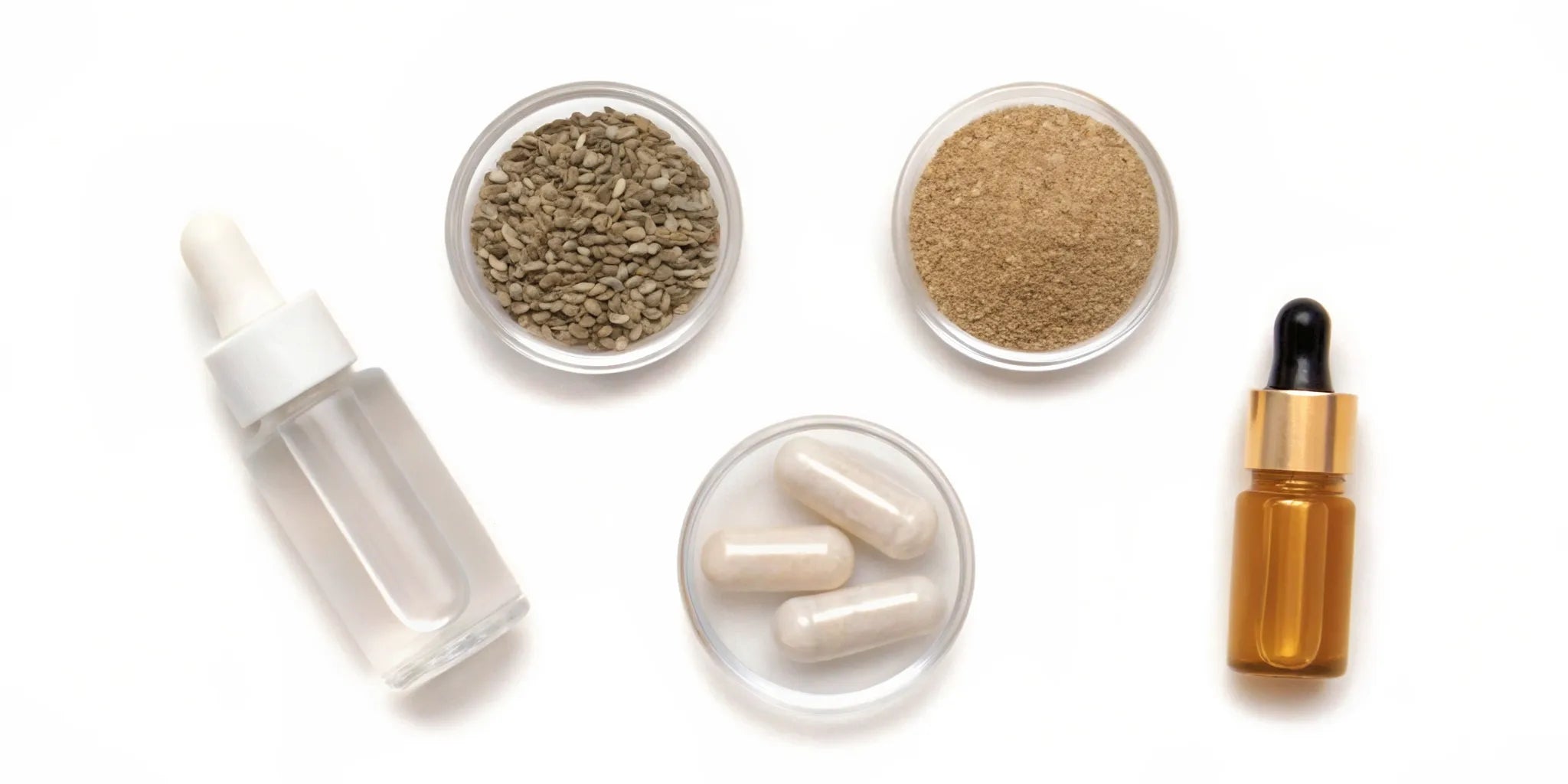Various top mood enhancing supplements, including capsules, powders, and liquid droppers.