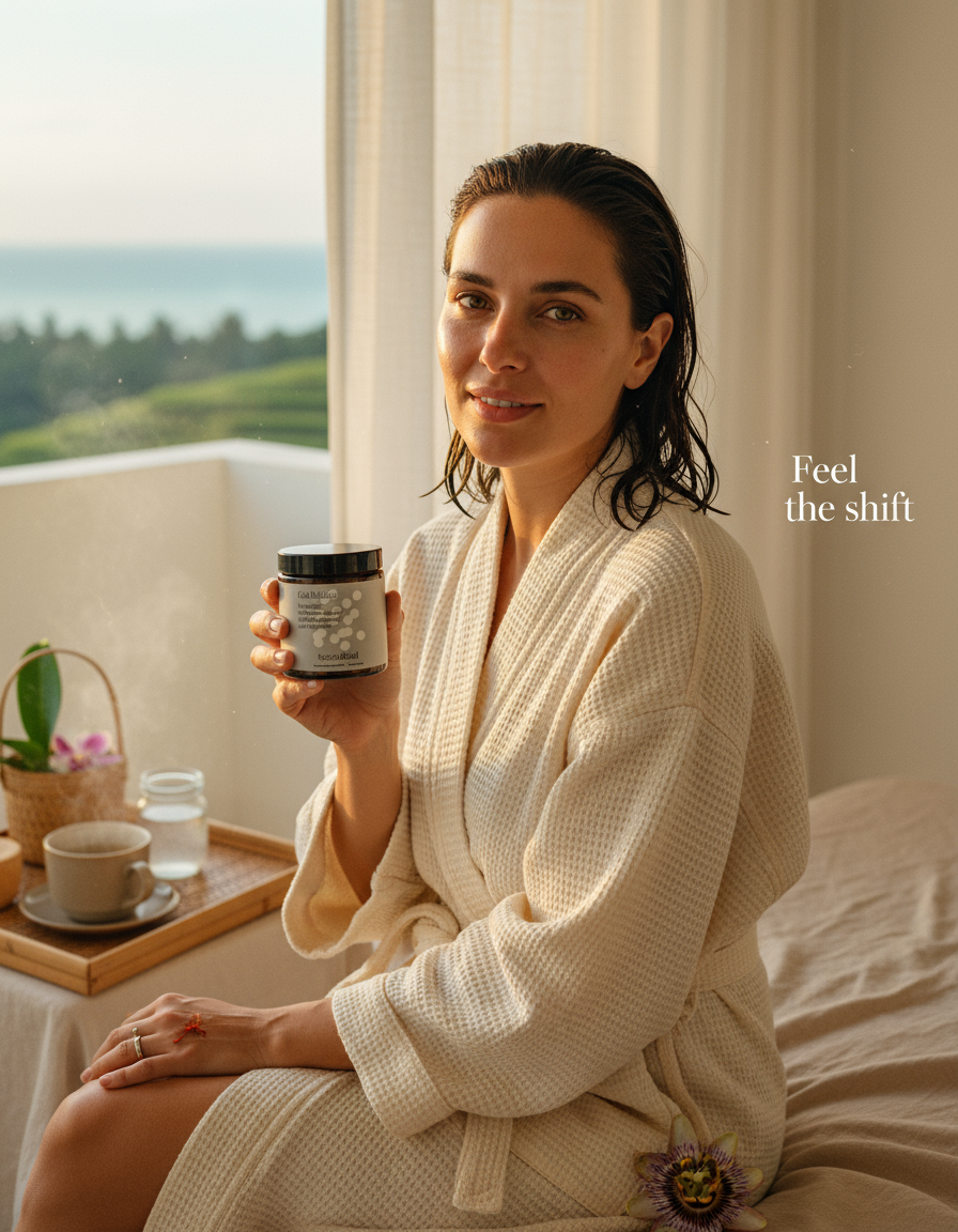 Postbiotics for Women - woman holding postbiotics gut balance