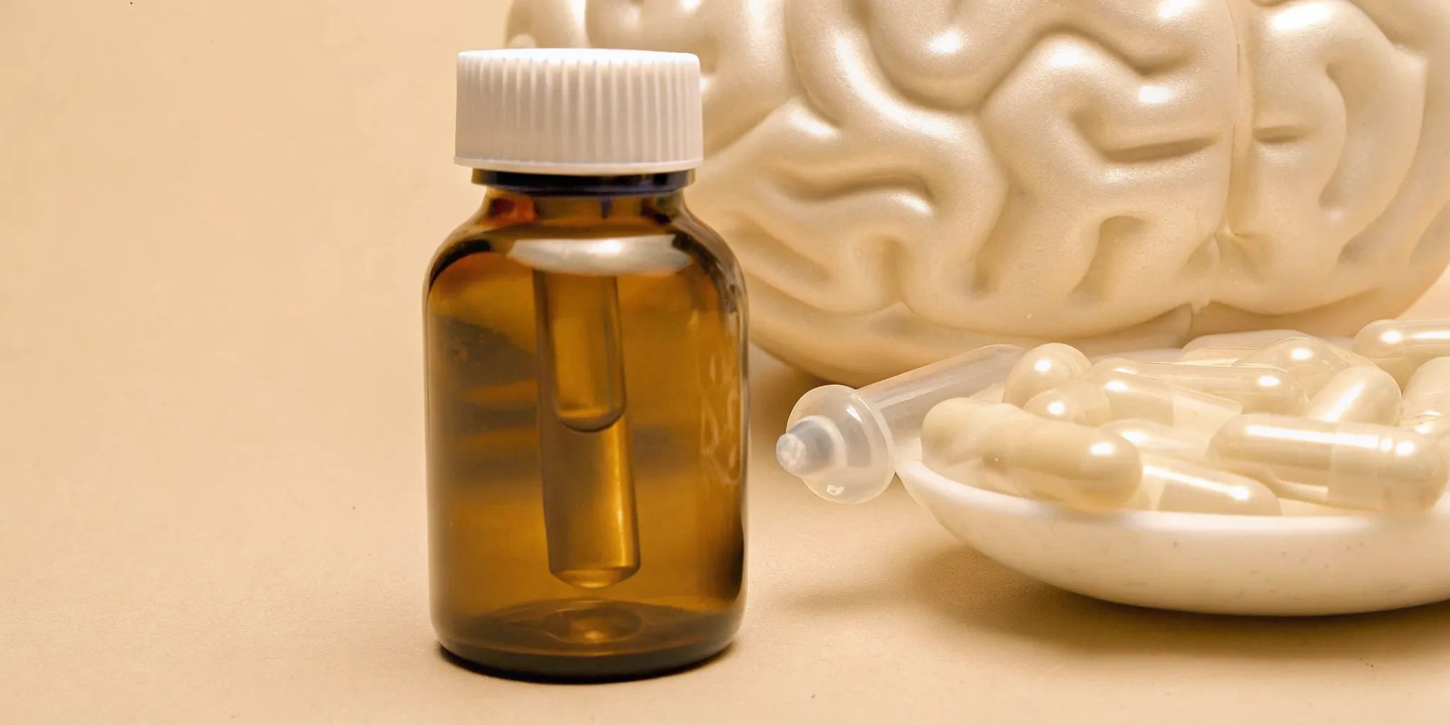 Postbiotic supplements for mood and focus with capsules, a dropper bottle, and a brain model.
