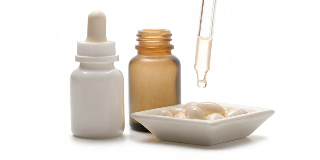 A selection of science-backed mood balance supplements in bottles and capsules.