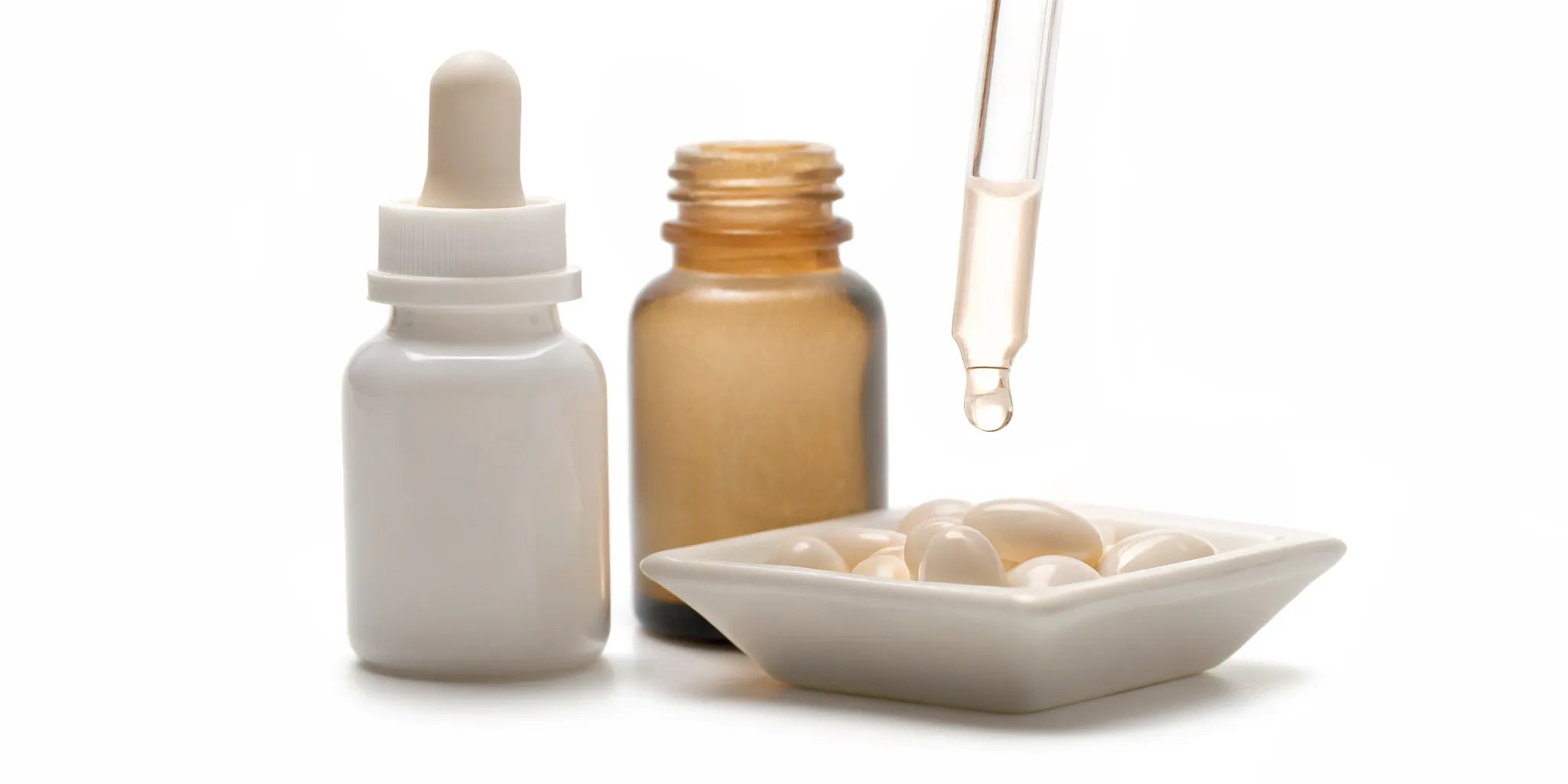 A selection of science-backed mood balance supplements in bottles and capsules.