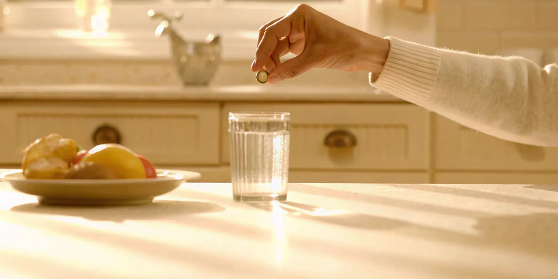 Person taking a postbiotic supplement in a sunlit kitchen with a glass of water and healthy breakfast