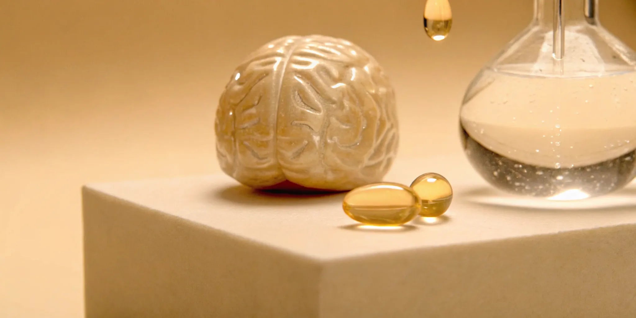 The science of the best vitamins for memory and focus, with a brain model, omega-3s, and a lab flask.