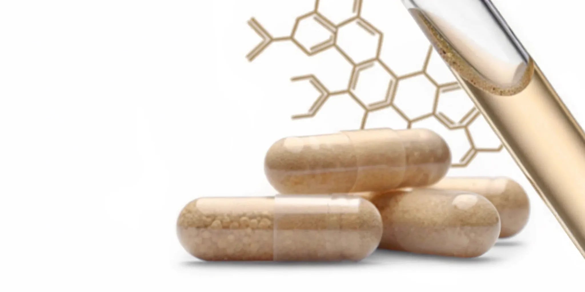 Supplement capsules and liquid in a test tube, representing the science of bioavailability and absorption.
