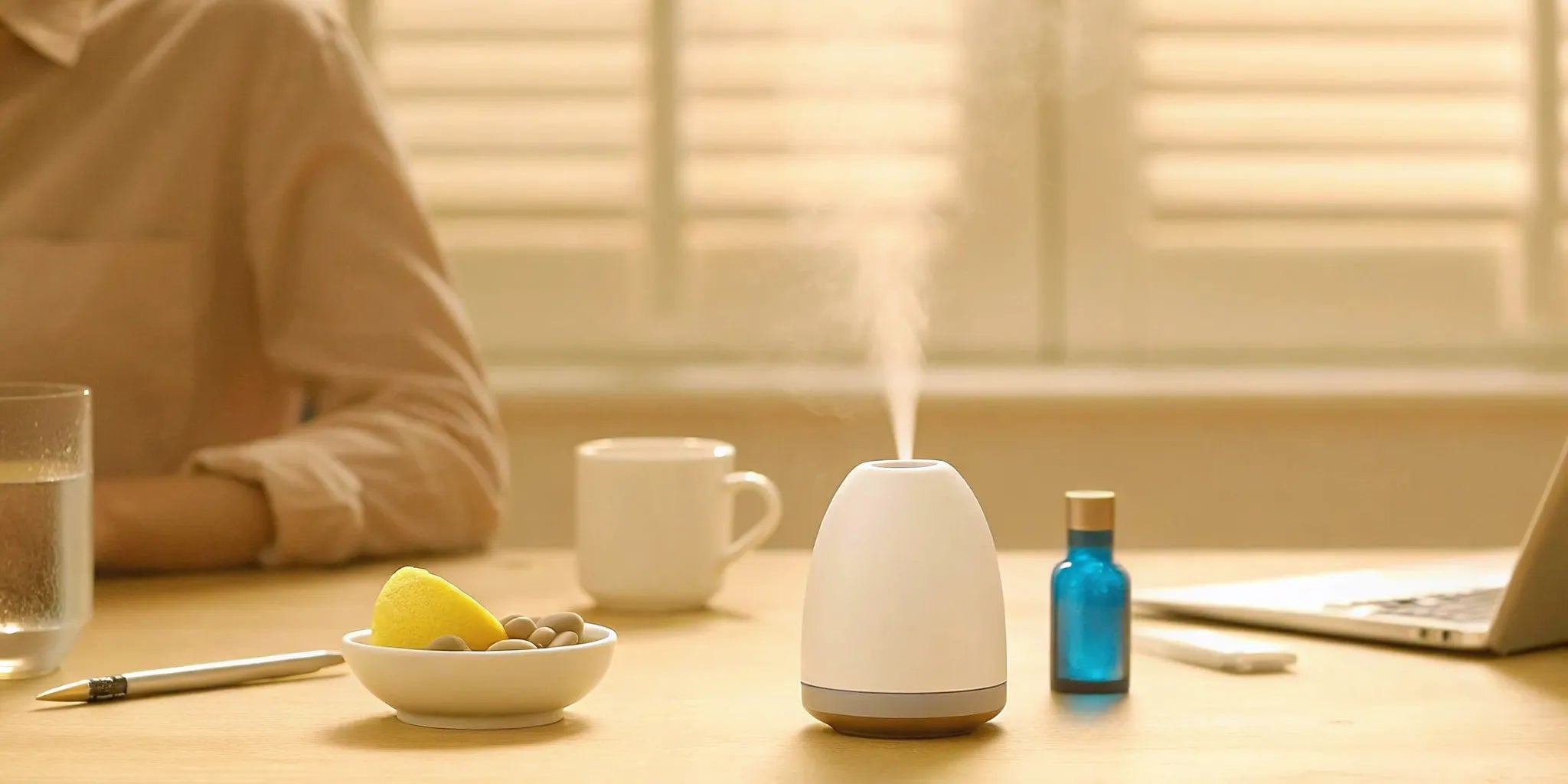 Aromatherapy diffuser and essential oil for brain fog treatment and mental clarity at home.