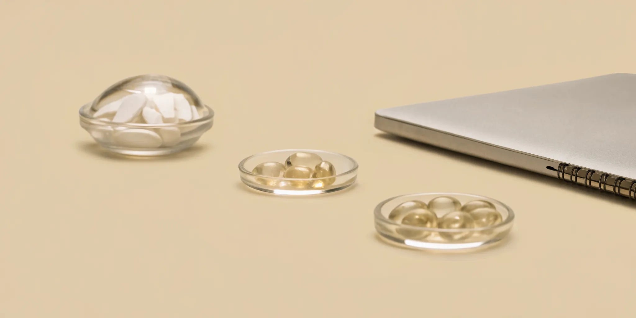 A variety of brain vitamins for studying on a desk next to a notebook.