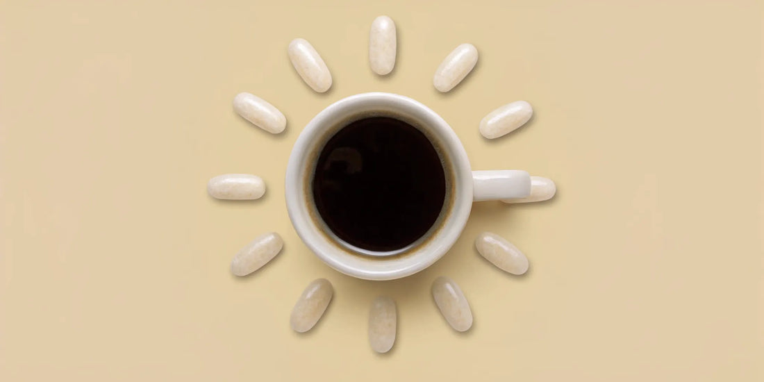 A cup of coffee next to a watercolor illustration representing gut health