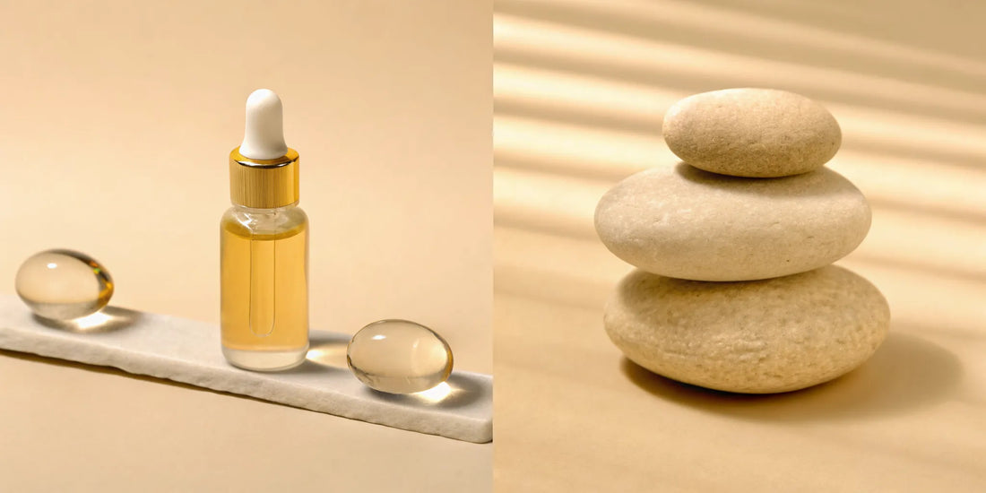 Mood balance capsules and a dropper bottle next to a stack of balancing stones.