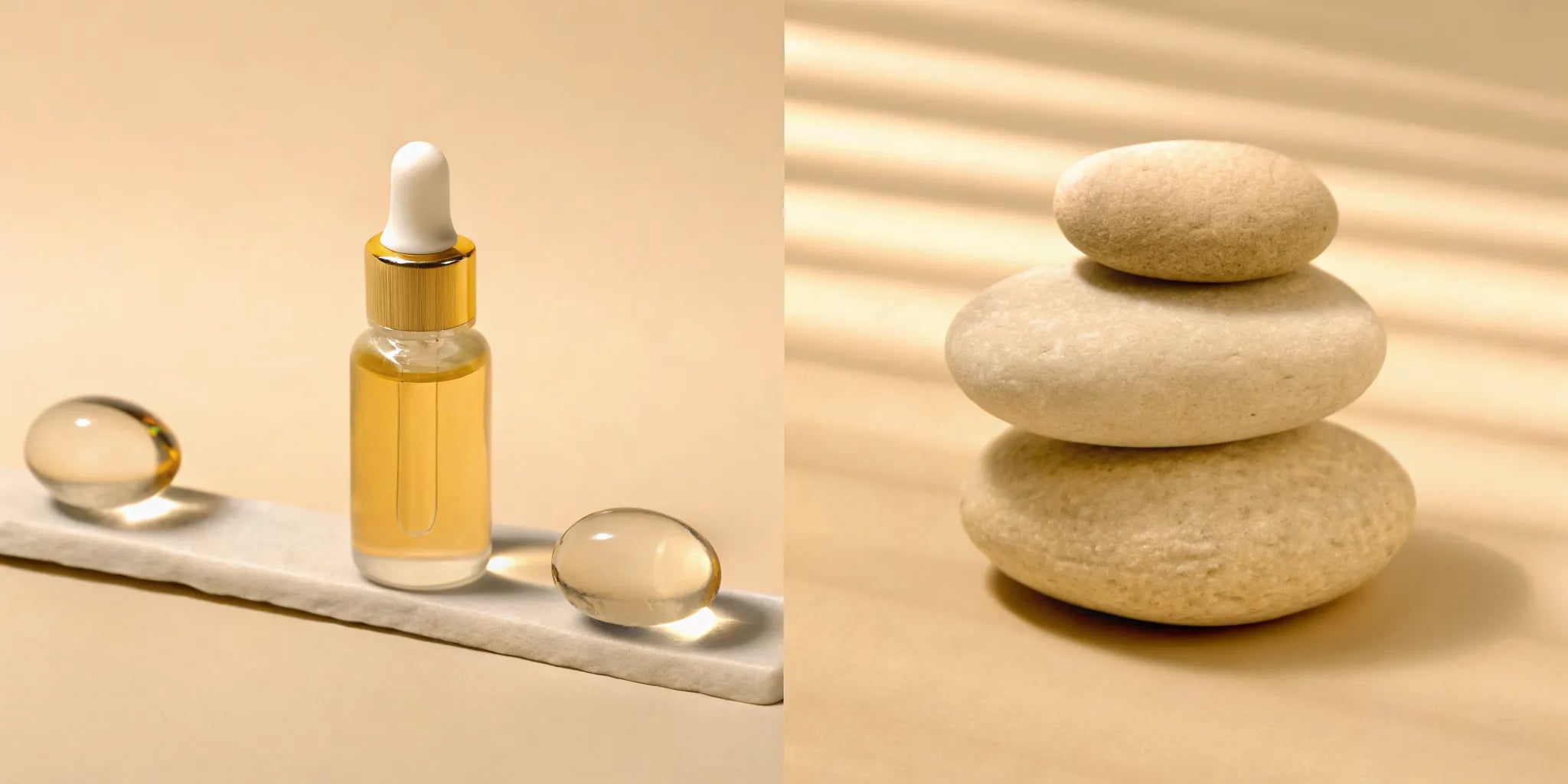 Mood balance capsules and a dropper bottle next to a stack of balancing stones.