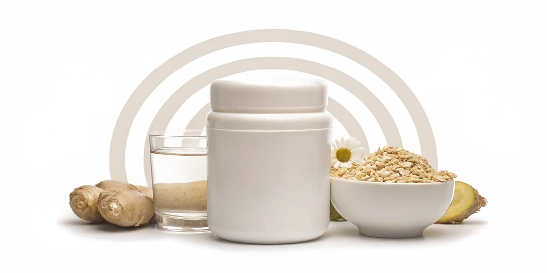 A probiotic alternative for a sensitive stomach with gut-soothing oats, ginger, and a supplement jar.