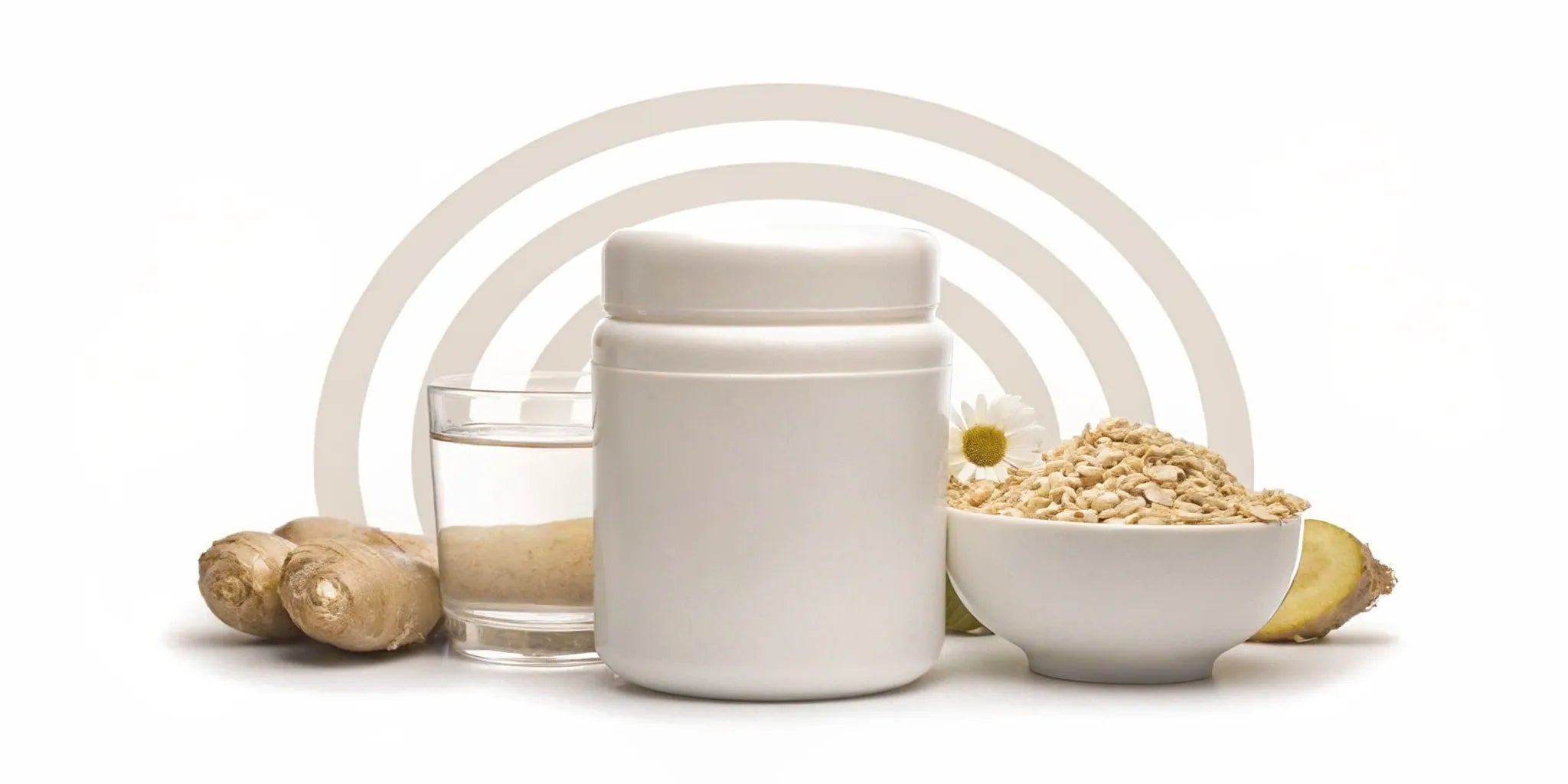 A probiotic alternative for a sensitive stomach with gut-soothing oats, ginger, and a supplement jar.
