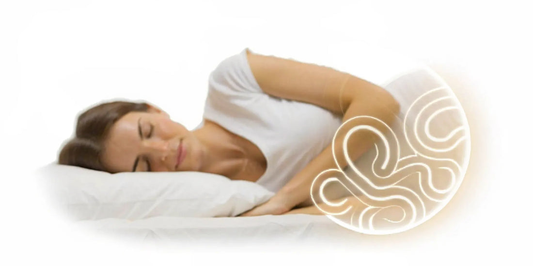 Woman sleeping deeply in peaceful bedroom with abstract glow around midsection representing healthy gut microbiome
