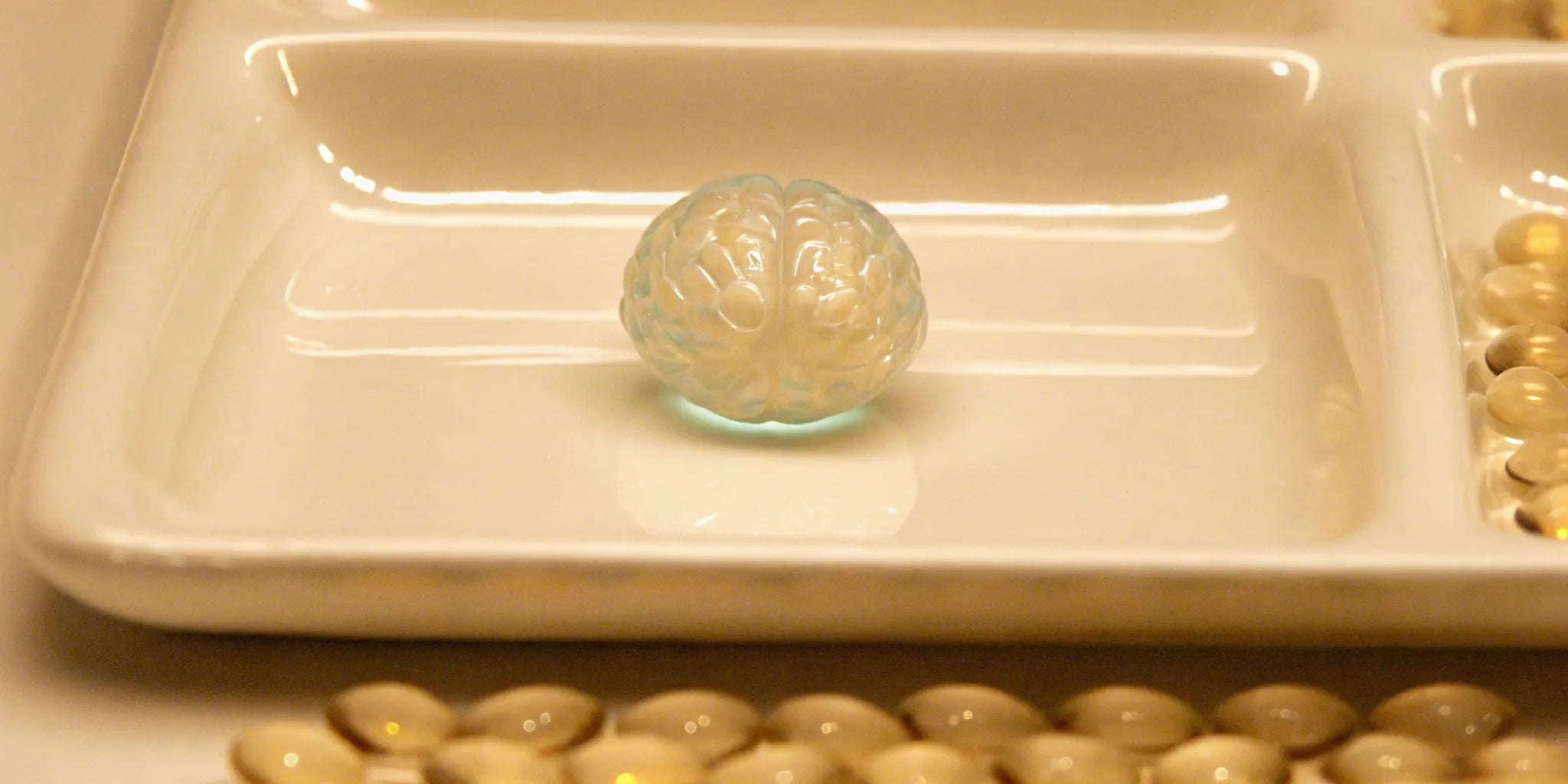 Gut-brain supplements for bloating and mood with a brain-shaped pill.