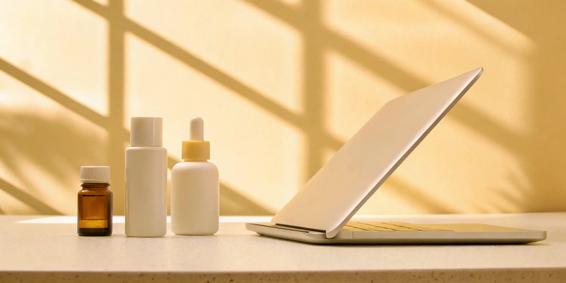 Postbiotic supplement bottles next to a laptop used to buy them for gut health.