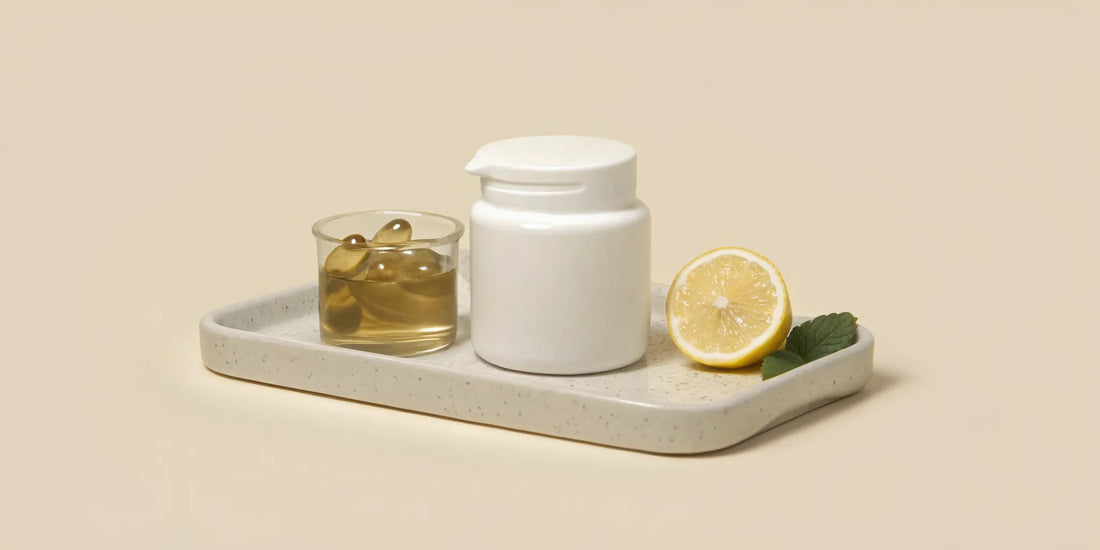 A bottle of postbiotics to buy for mood and energy, shown with capsules and a fresh lemon.