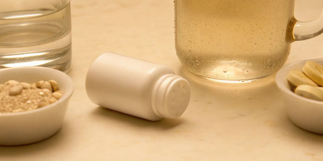 How to counteract too much probiotics, with various supplement forms and a glass of water.