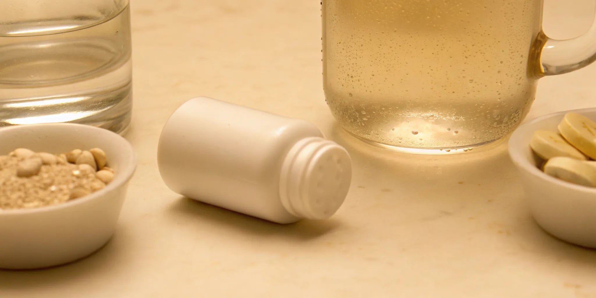 How to counteract too much probiotics, with various supplement forms and a glass of water.