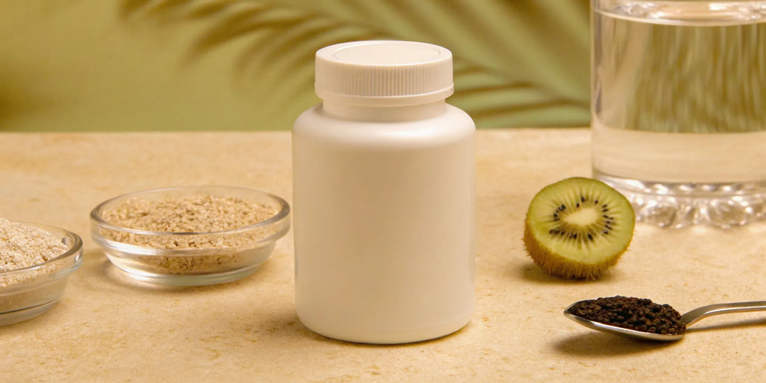 Bowel movement supplement with natural options for regularity like kiwi, seeds, and water.