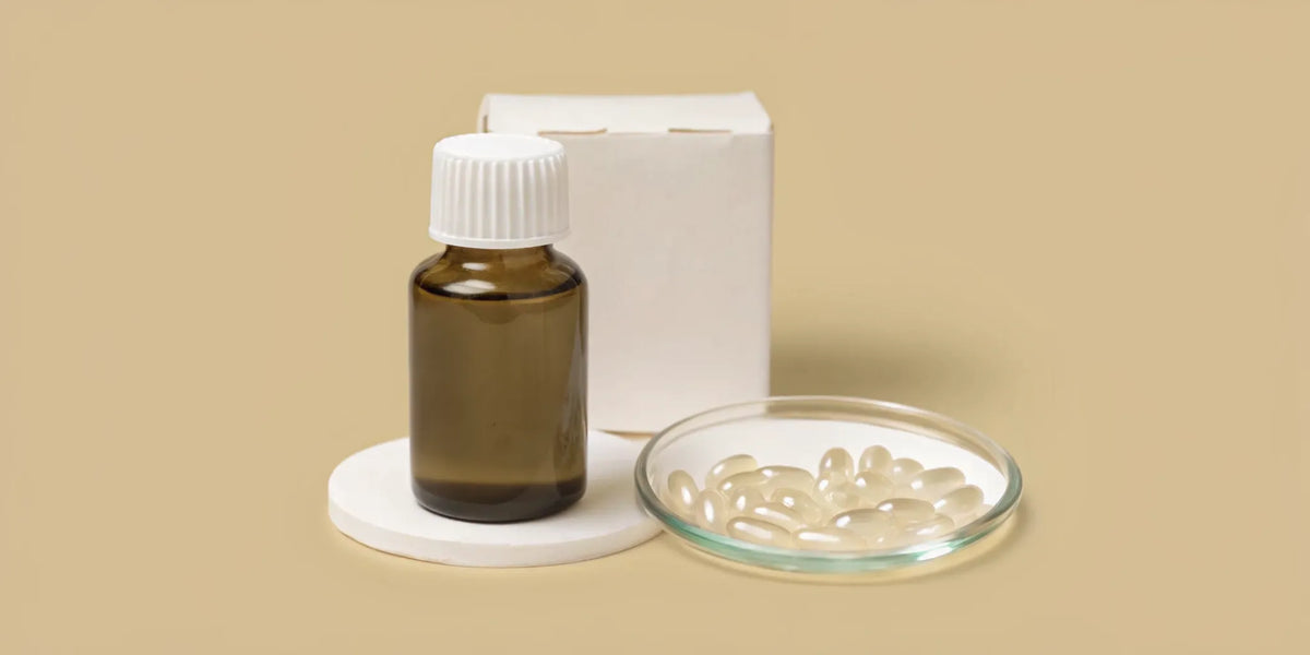 A probiotic supplement bottle and capsules, showing how to judge gut supplement quality.