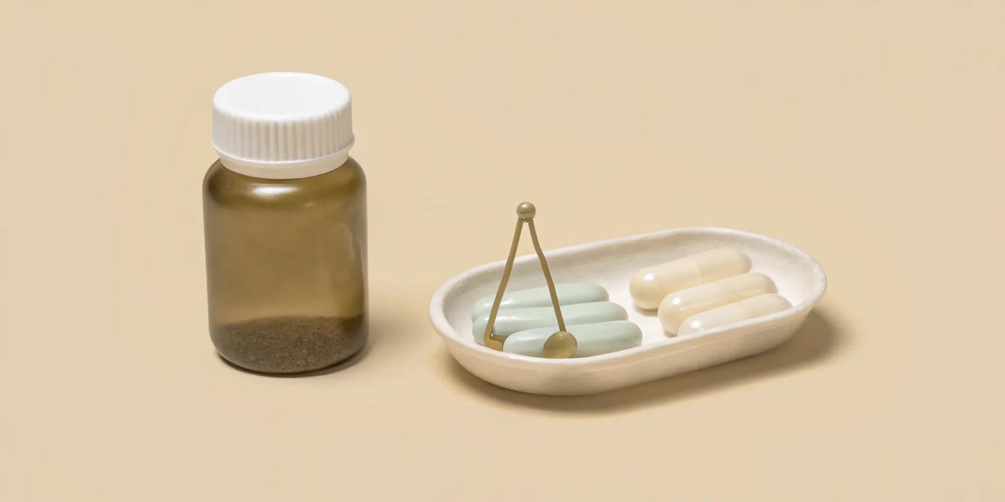A bottle of mood balance pills used for supporting emotional wellness.