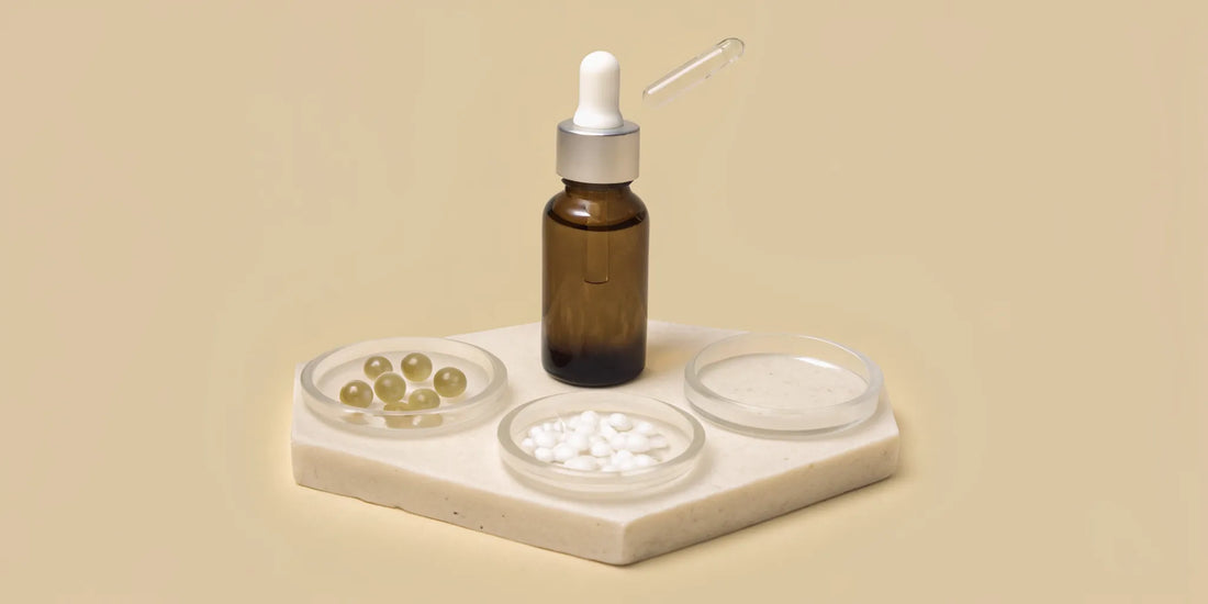 A natural postbiotic supplement with a dropper bottle, capsules, and powder.