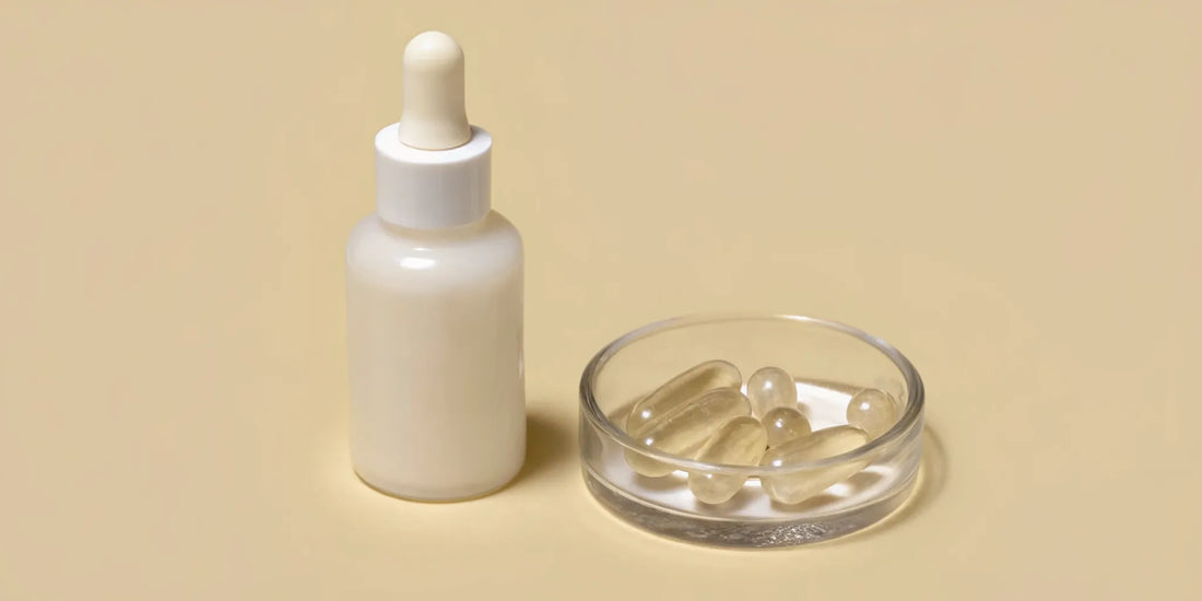 Postbiotic supplement capsules in a glass dish next to the product bottle.