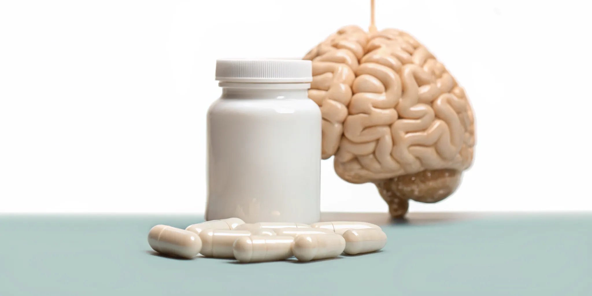 Bottle and capsules of a postbiotic supplement for mood with a brain model.