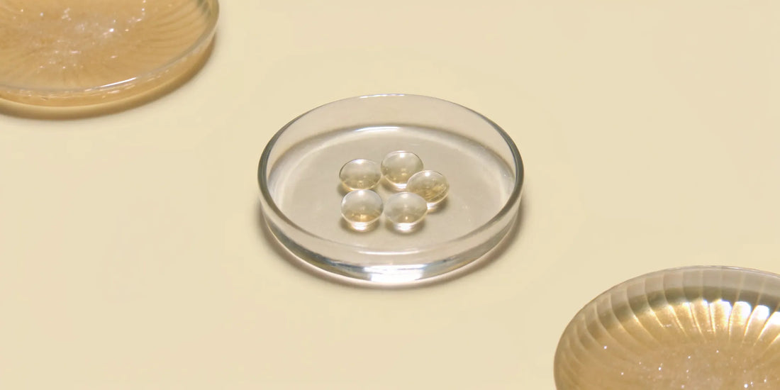 Postbiotic supplement capsules in a dish for mood balance.