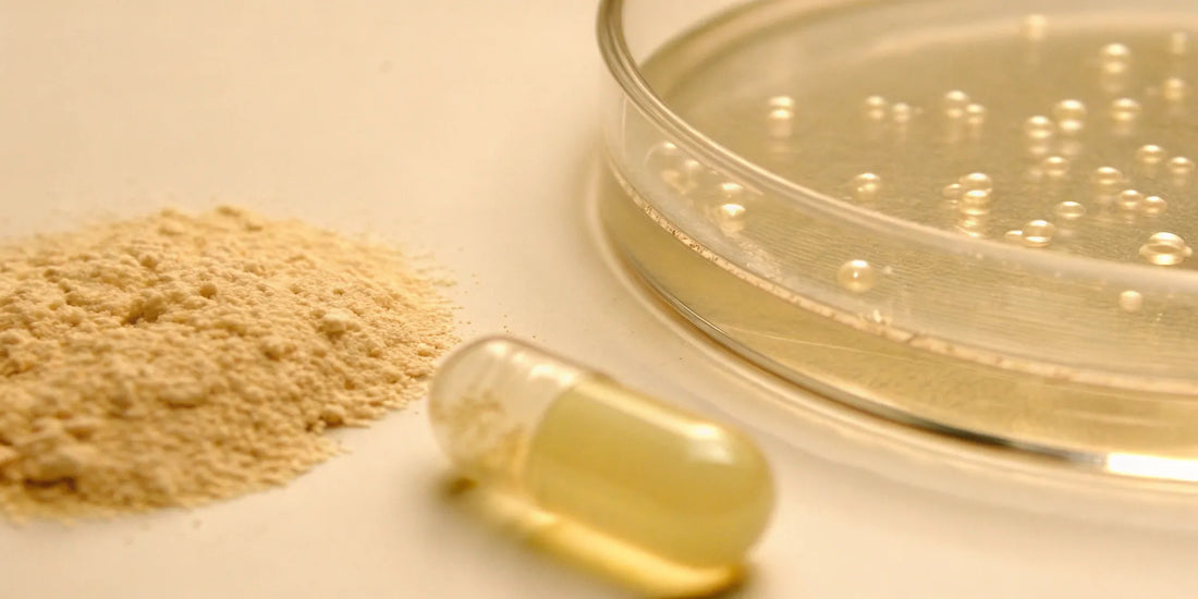 Powdered postbiotic supplement, capsule, and petri dish, a non-live probiotic alternative.