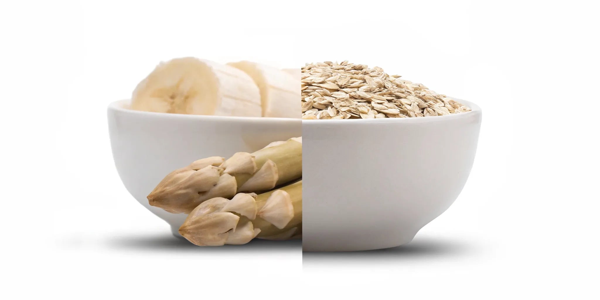 Postbiotics vs prebiotics compared in a split bowl with prebiotic foods on one side and postbiotic oats on the other.