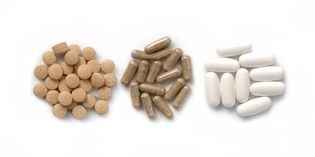 Comparison illustration of postbiotics, probiotics, and prebiotics supplement capsules in a clean educational style with green and blue tones