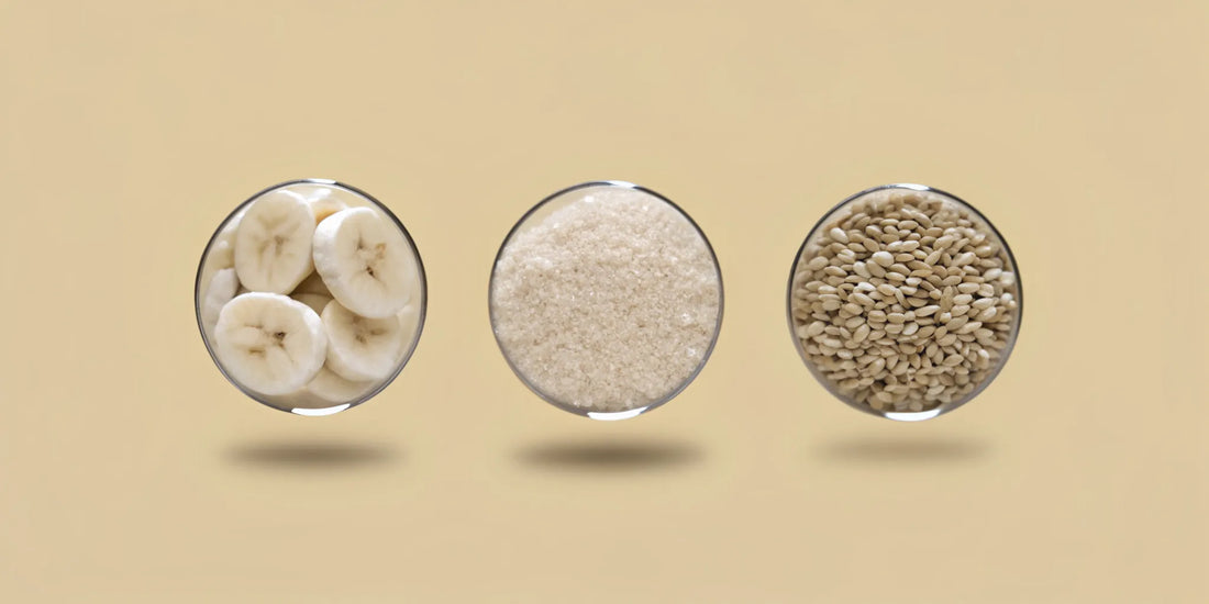 Bowls of prebiotic foods showing the difference between prebiotics, probiotics, and postbiotics.