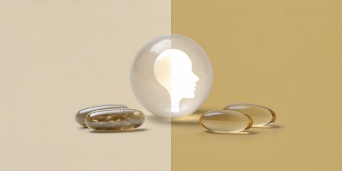 Probiotics vs. postbiotics capsules on a split background for mood balance.