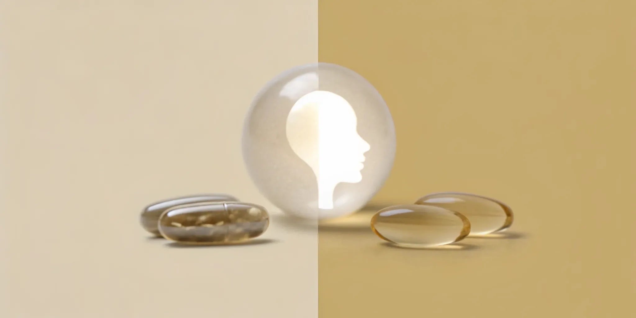 Probiotics vs. postbiotics capsules on a split background for mood balance.