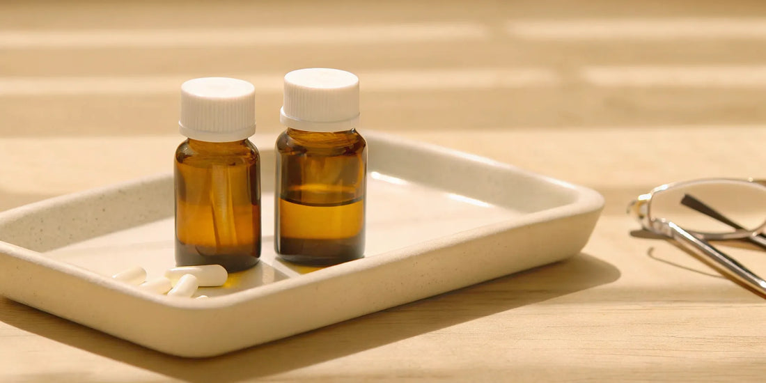 A buyer's selection of gut and mood supplements in amber bottles and capsules.