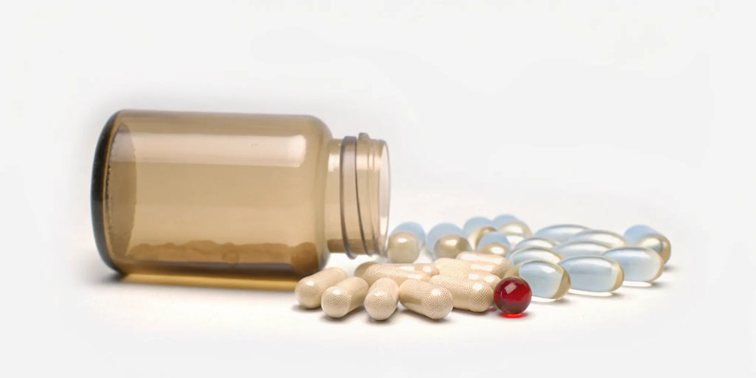 A bottle with supplement capsules and softgels for irritability and fatigue.