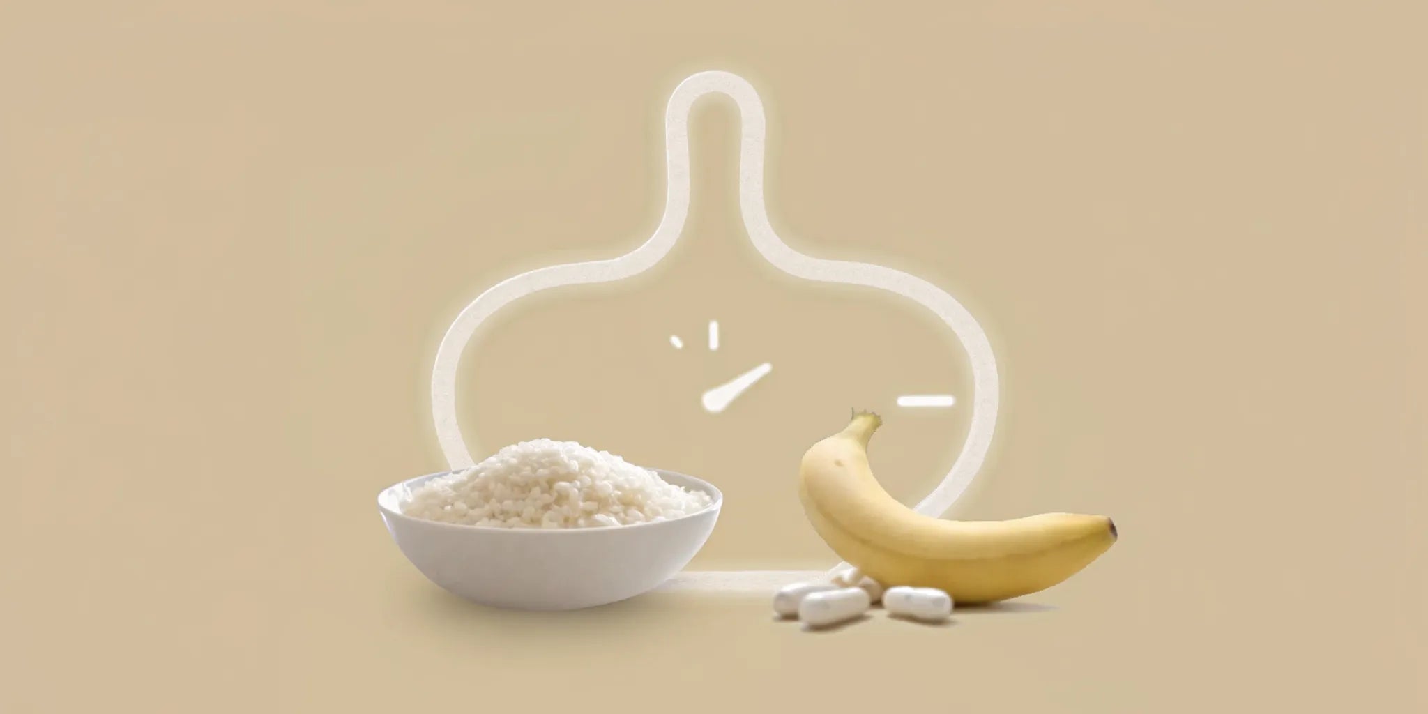 A bowl of rice, a banana, and supplements for sensitive stomach and diarrhea.
