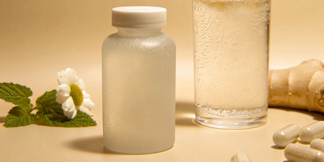 A fast-acting gut supplement for stress relief with calming herbs and capsules.