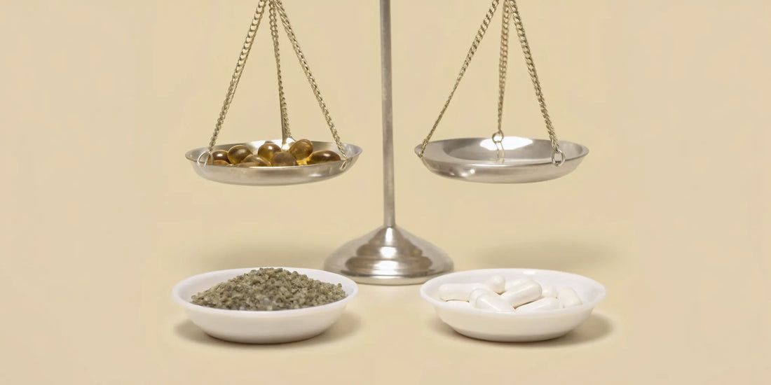 A scale weighing supplements to find the best vitamin for stress and anxiety.