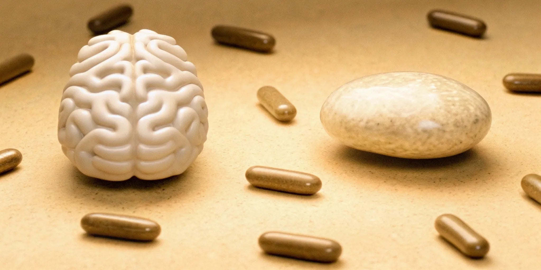 A brain model and supplements for the gut microbiome's connection to mood and mental clarity.